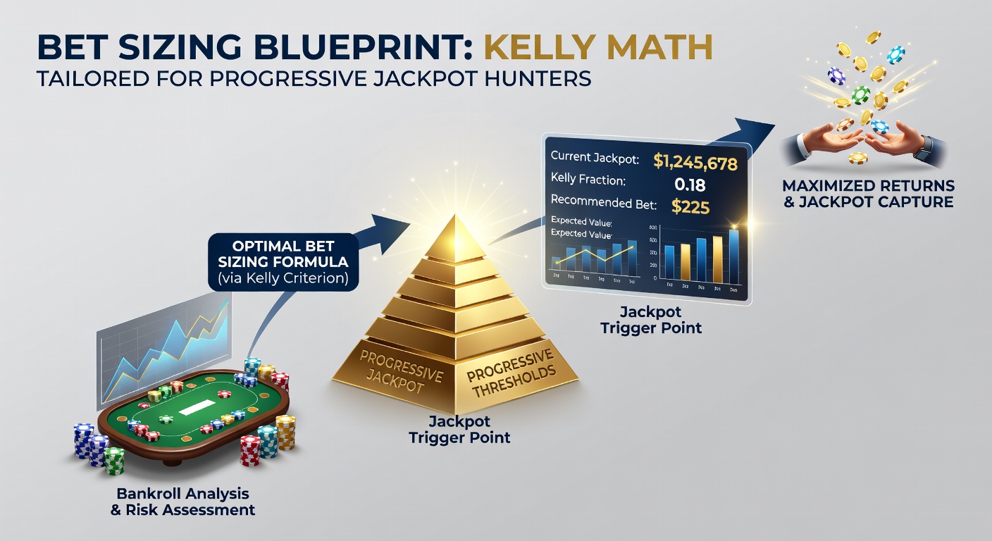 Detaillierte Infografik zur angepassten Kelly-Formel mit Beispielen für progressive Slots, inklusive Kurven für Bankroll-Wachstum