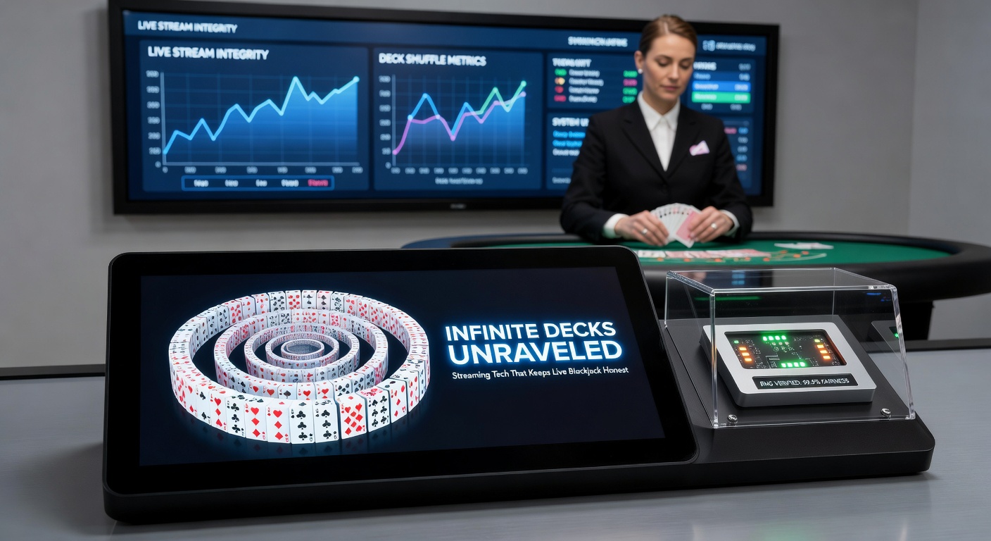 Nahaufnahme eines Dealers, der eine Karte aus einem Infinite-Deck-System zieht, mit Streaming-Überlagerungen und Zufallsindikatoren