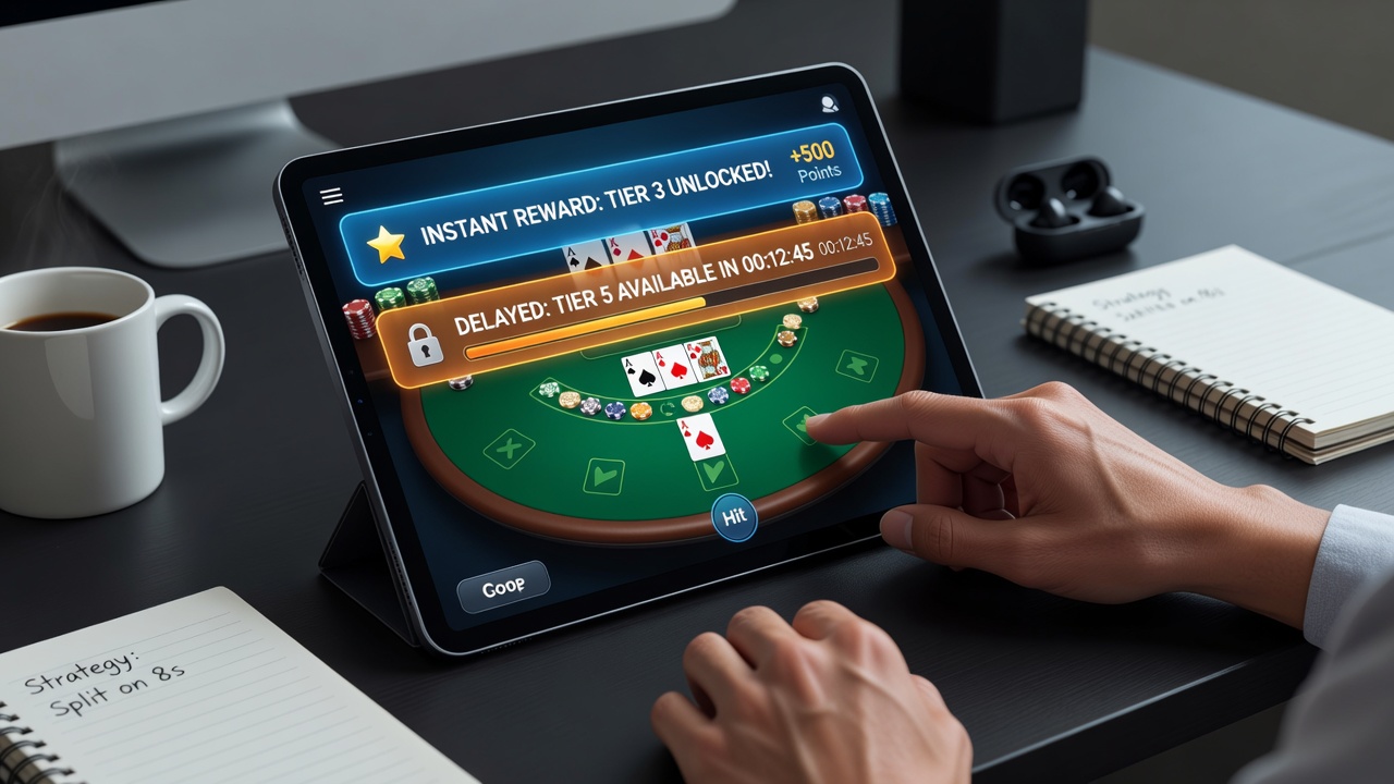 Detailansicht einer mobilen Blackjack-Oberfläche mit Fortschrittsanzeige für Belohnungsstufen und Push-Benachrichtigung